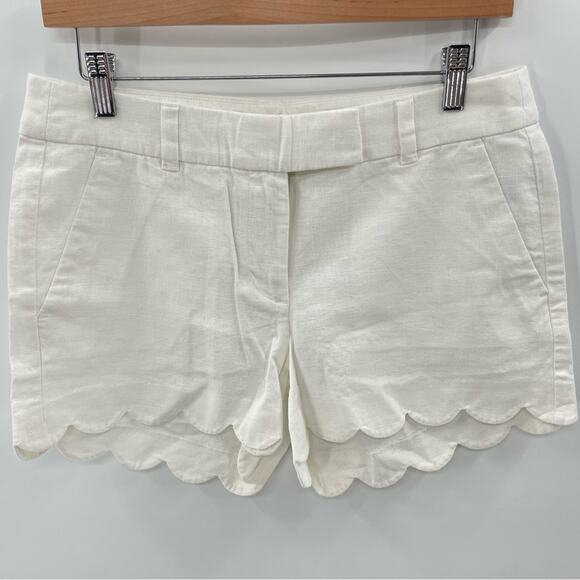 NWT J. Crew Scalloped Linen Blend White Flat Front Preppy Coastal Shorts Size 4 - Picture 2 of 12